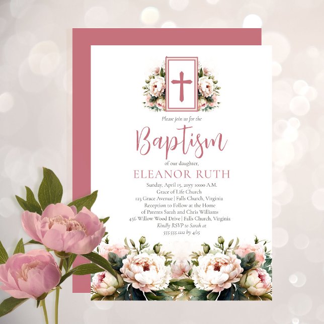 Invitation Baptême floral de fille, fleurs botaniques roses (Créateur téléchargé)