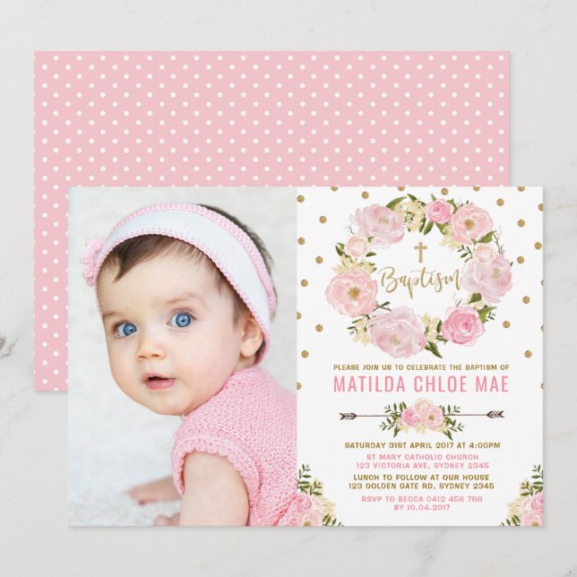 Invitation Baptême floral de guirlande d'aquarelle rose Girly (Devant / Derrière)