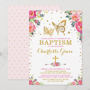Invitation Baptême floral de papillon d'aquarelle Girly
