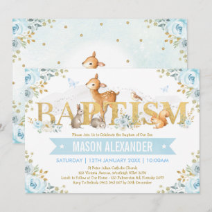 Invitation Baptême floral d'or bleu d'animaux de région