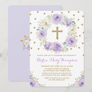 Invitation Baptême floral d'or mauve
