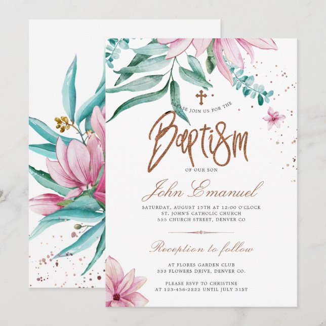 Invitation Baptême floral élégant à l'aquarelle croisée (Devant / Derrière)