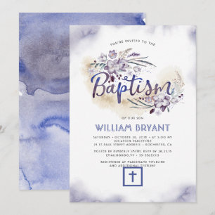 Invitation Baptême floral élégant de garçon de bleu marine