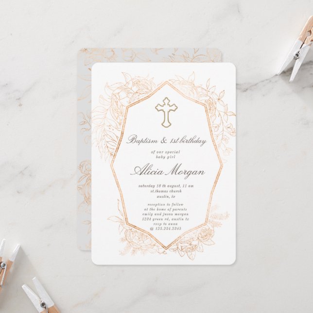 Invitation Baptême Floral Élégant Or Premier Anniversaire (Devant/Arrière en situation)