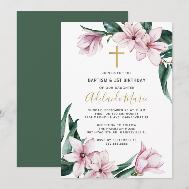 Invitation Baptême floral et premier anniversaire (Devant / Derrière)