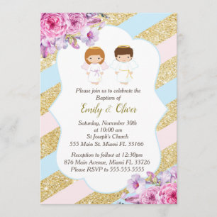 Invitation Baptême Floral Gold Pink Blue Twins