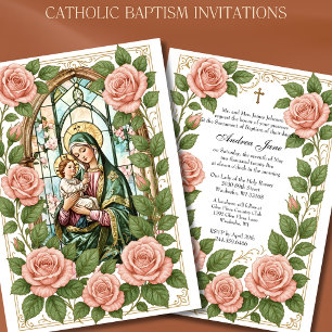Invitation Baptême Floral Jésus Béni Mère Rose