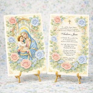 Invitation Baptême Floral Jésus Mère Bienheureuse Roses