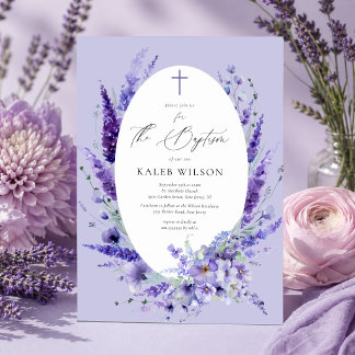 Invitation Baptême Floral Lavande Élégant