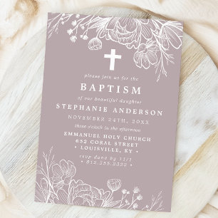 Invitation Baptême Floral Lavande Pâle et Blanc