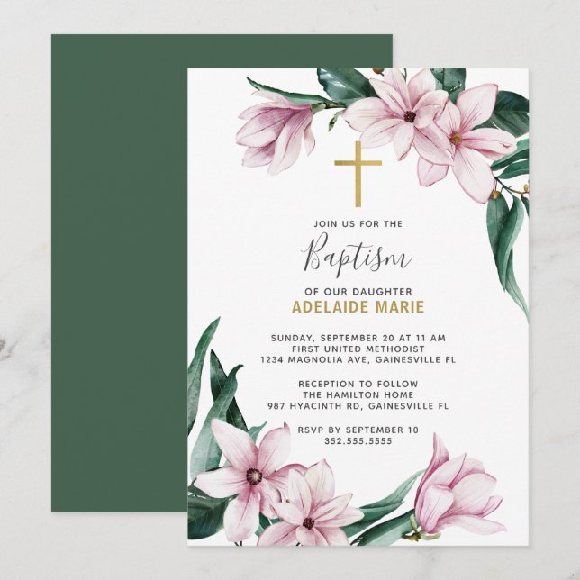 Invitation Baptême Floral Magnolia Or Rose (Devant / Derrière)