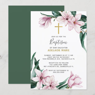Invitation Baptême Floral Magnolia Or Rose