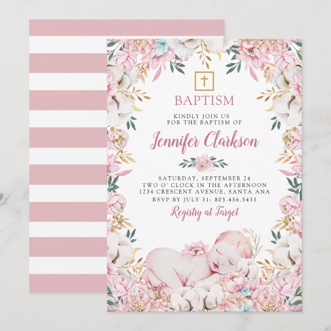 Invitation Baptême floral nouveau-né (Devant / Derrière)