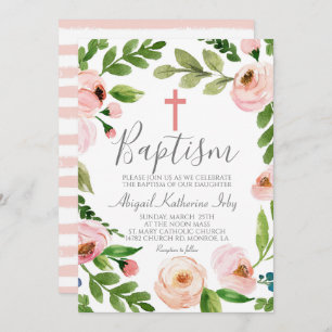 Invitation Baptême floral rose