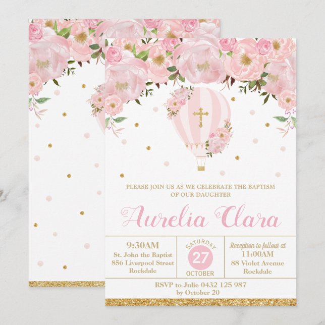 Invitation Baptême floral rose à air chaud Christening (Devant / Derrière)