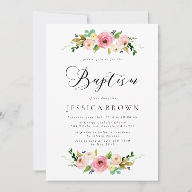 Invitation Baptême floral rose Aquarelle Baptême floral (Devant)