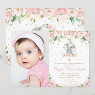 Invitation Baptême floral rose chic à éléphant