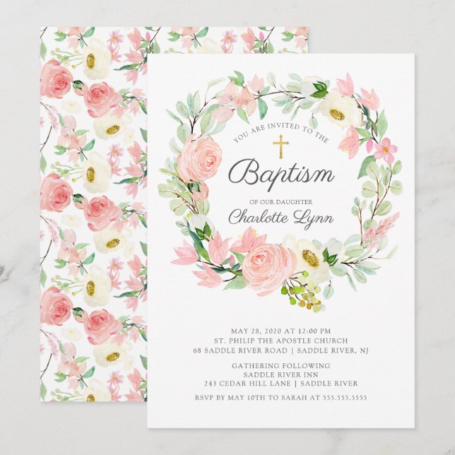 Invitation Baptême floral rose chic et élégant (Devant / Derrière)