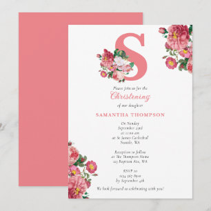 Invitation Baptême Floral rose Christening Baby Girl Initiale