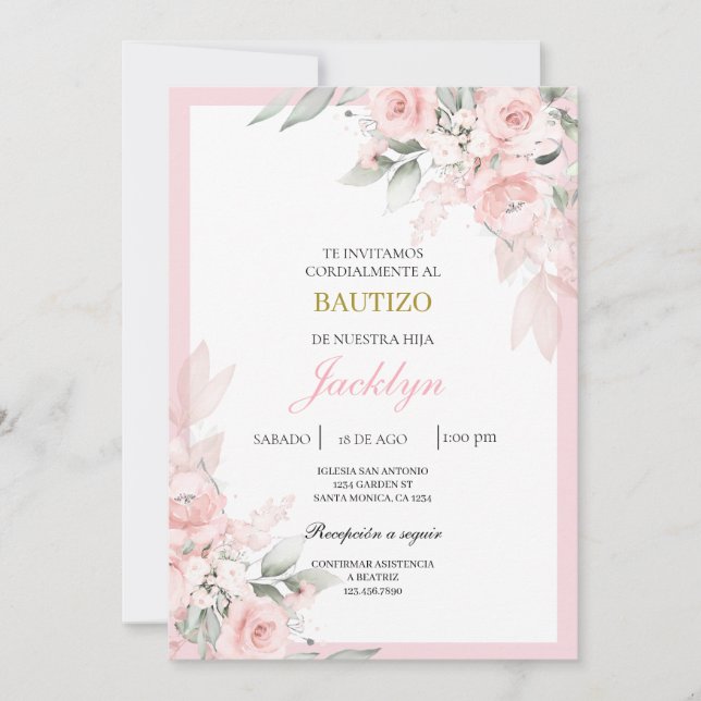 Invitation Baptême floral rose clair (Devant)