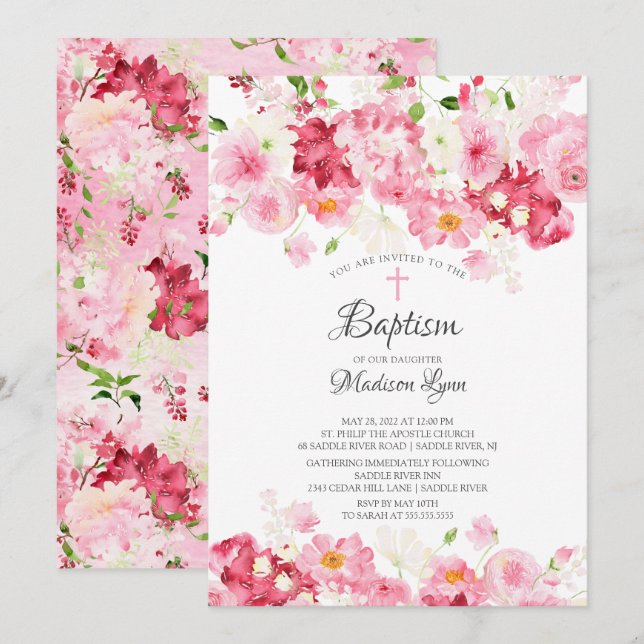 Invitation Baptême floral rose des fleurs du printemps (Devant / Derrière)