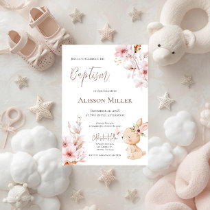 Invitation Baptême floral rose et lapin 