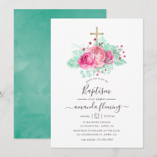 Invitation Baptême floral rose et menthe