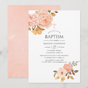 Invitation Baptême floral rose et or