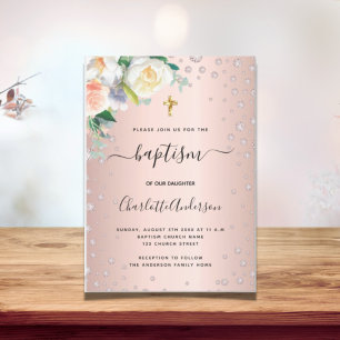 Invitation Baptême floral rose or rose fille élégante