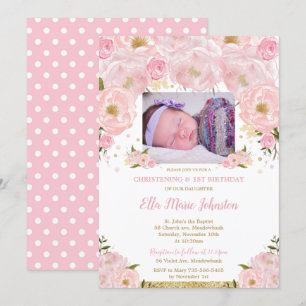 Invitation Baptême floral rose pâle 1er anniversaire de la fê