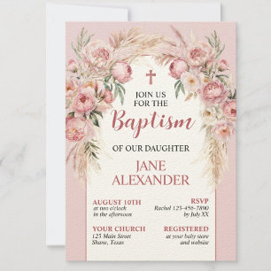 Invitation Baptême Floral Rose Pâle Élégant