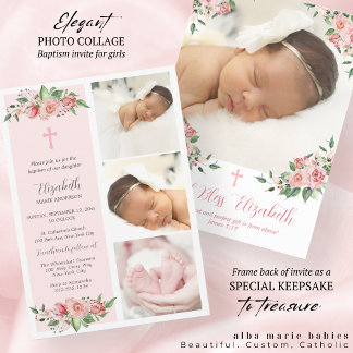 Invitation Baptême Floral rose pour filles