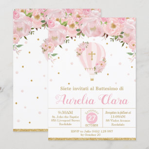 Invitation Baptême Floral Rose Rose À Air Chaud