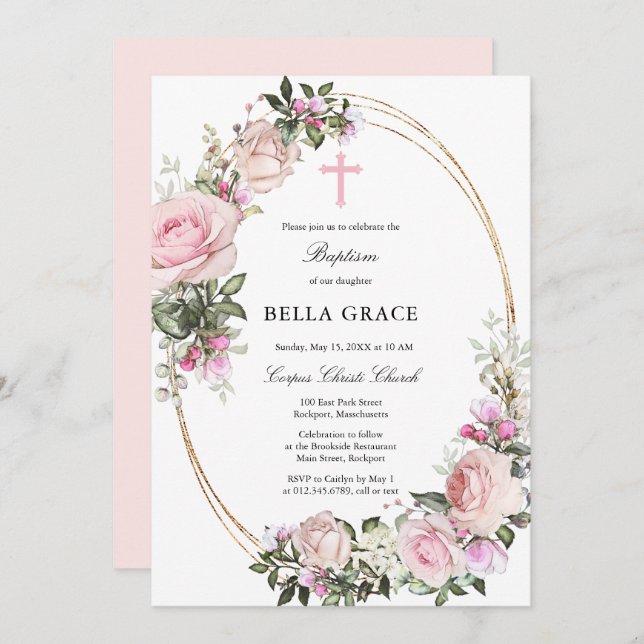 Invitation Baptême floral rose rustique (Devant / Derrière)