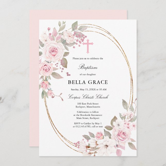 Invitation Baptême floral rose rustique (Devant / Derrière)