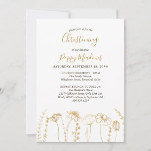 Invitation Baptême Floral Simple Croquis Fleur Sauvage Dorée