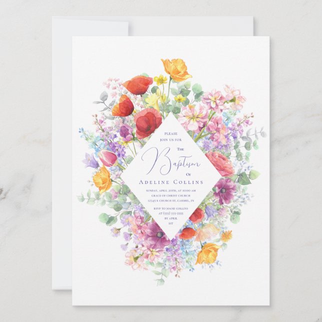 Invitation Baptême floral simple Fleur sauvage (Devant)