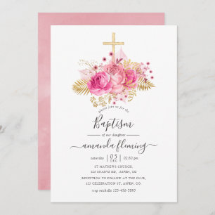 Invitation Baptême floral tropical rose et or