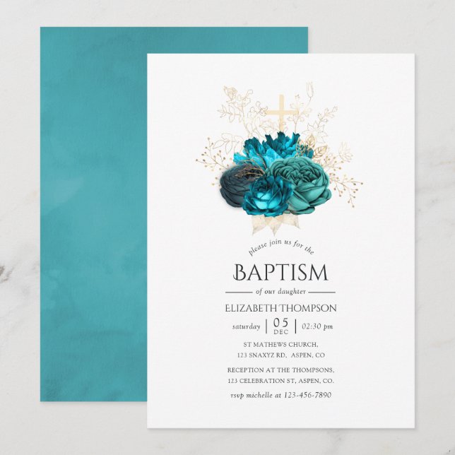 Invitation Baptême floral turquoise et or (Devant / Derrière)