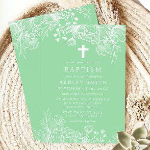 Invitation Baptême floral vert menthe et blanc