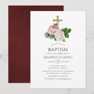 Invitation Baptême floral vintage et bourguignon