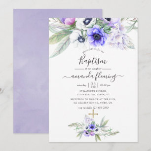 Invitation Baptême floral violet pastel