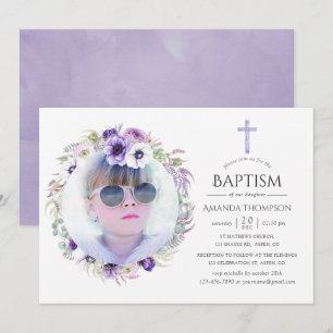 Invitation Baptême floral violet poussiéreux