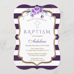 Invitation Baptême Floral Violet Violet Or Chic