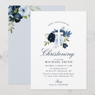 Invitation baptême florale bleu marine et poussiéreux