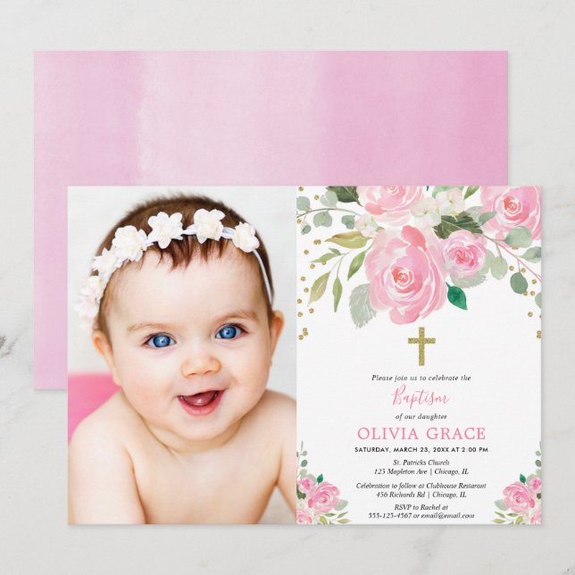 Invitation Baptême florale de filles photo rose pâle (Devant / Derrière)