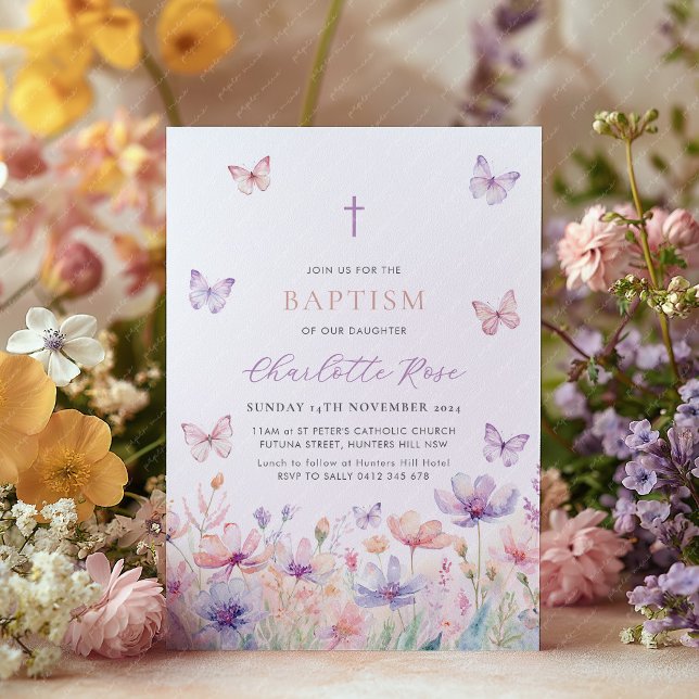 Invitation Baptême florale Fleur sauvage papillon (Wildflower Baptism Invitation with pastel flowers and butterflies. Girl's baptism invitation)