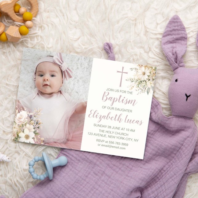 Invitation Baptême florale mignonne fille Baptême Photo Invit (Cute Floral Baby Girl Baptism Photo Invitation)