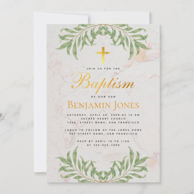 Invitation Baptême Foliage Faux Gold Cross Calligraphie Marbr (Devant)