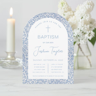 Invitation Baptême Garçon Arche Bleu Blanc Motif Floral Vinta
